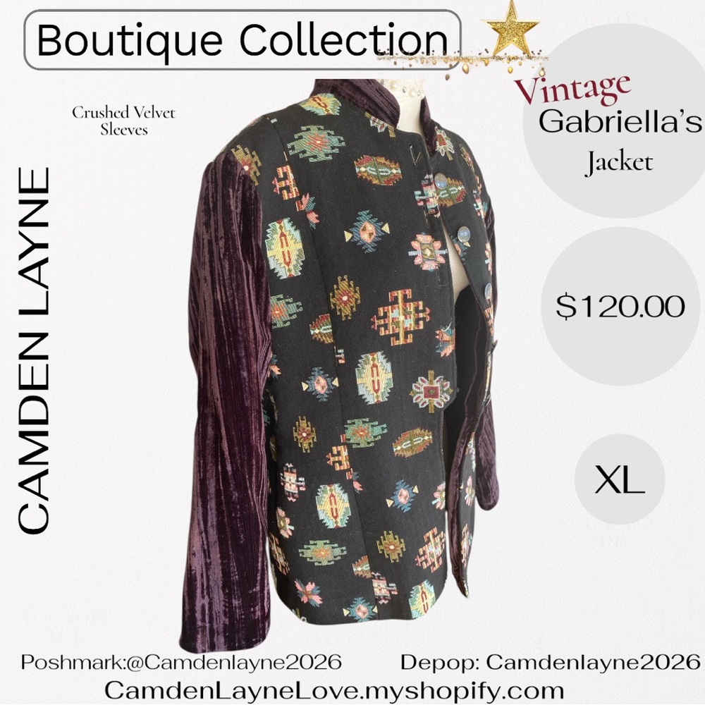 Vintage Gabriella’s Tapestry Art Needlepoint Jacket, Crushed Velvet Sleeves - Picture 8 of 13